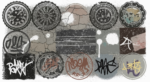 Graffiti Art Stamps and Stencils on Textured Grunge Background