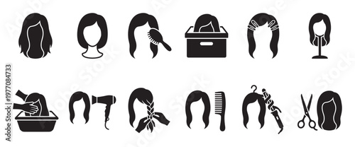 Various black silhouette wig icons illustrating different hair styles, care, and maintenance processes in a clean, graphic style