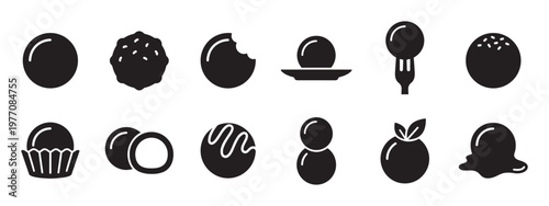 Collection of various black silhouette dessert and candy icons, including truffles, chocolate, and fruit, presented in a clean, graphic style