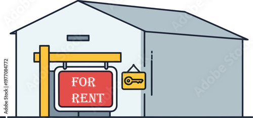 Warehouse or garage for rent with real estate sign and house key, storage unit rental and commercial property leasing concept, flat vector illustration