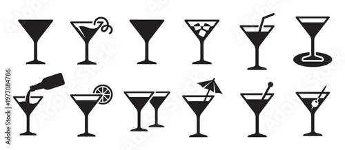 Various black martini glass icons with different drinks and garnishes, presented in a clean, minimalist style