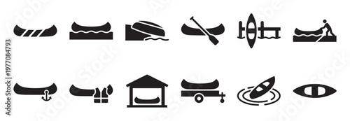 Collection of twelve black canoe and kayak icons depicting various water sports activities and equipment in a clean, graphic style