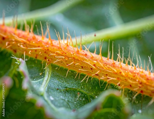Macro view of a vibrant orange plant stem with fine hairs and water droplets.