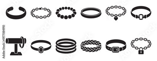 Collection of various bracelet and necklace icons in black silhouette style, showcasing different designs and jewelry types
