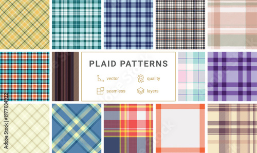 Seamless plaid pack inspired by American buffalo check patterns. Vector designs ideal for shirts, jackets, blankets, scarves, and digital backgrounds.