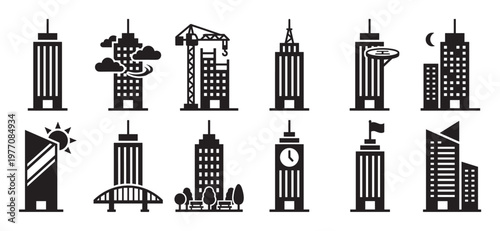 Collection of various black skyscraper building icons with different architectural styles and features, presented in a clean, modern vector illustration