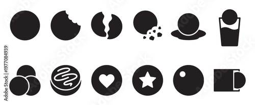 Collection of black silhouette icons representing various circular objects and their interactions, presented in a clean, graphic style
