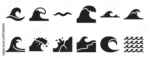 Collection of diverse black wave icons and symbols representing various water movements and ocean elements in a clean, graphic style