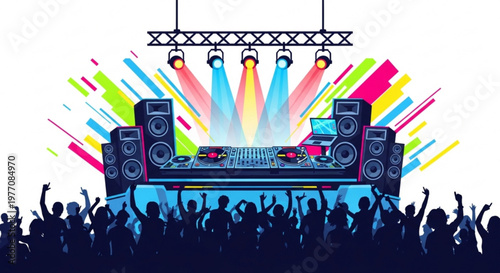 DJ stage with speakers turntables and colorful lights energetic crowd dancing at a music concert vibrant party illustration for event promotion