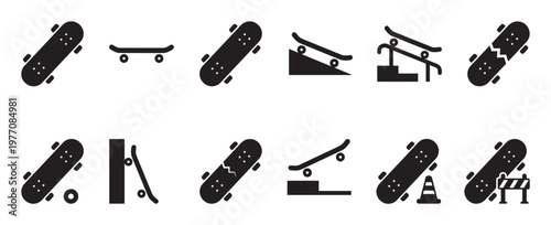 Collection of black skateboard icons in various positions and states, including whole, broken, and with obstacles, presented in a clean, simple graphic style