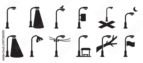 Various black silhouette street lamp icons illustrate different conditions and attachments, presented in a clean, graphic style