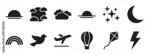 Collection of weather and sky-related black silhouette icons, including sun, clouds, stars, moon, rainbow, bird, airplane, hot air balloon, kite, and lightning bolt