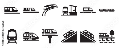 Comprehensive collection of black silhouette train icons representing various railway transportation modes and scenarios