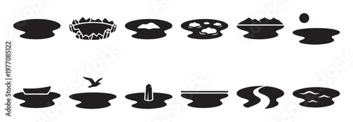Collection of black silhouette puddle icons featuring various elements like mountains, boats, and birds, presented in a clean graphic style