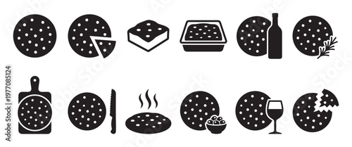 Collection of black silhouette icons depicting various forms of focaccia bread, including whole, sliced, and served with accompaniments