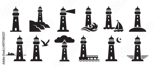 Collection of black silhouette lighthouse icons in various maritime settings, depicting navigation and safety