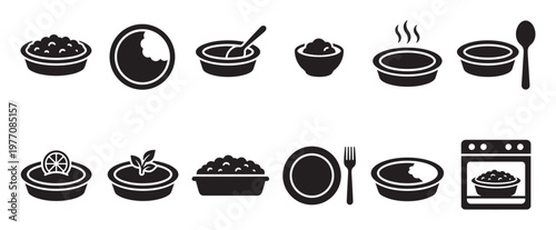 Collection of black and white food and kitchen utensil icons, including bowls, plates, spoons, and an oven, presented in a clean, graphic style