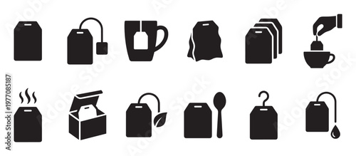 Various black tea bag icons are displayed in a clean, simple graphic style, showing different stages of tea preparation