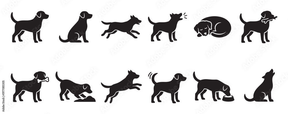 Obraz premium Black dog silhouette icons in various poses, including standing, sitting, running, barking, sleeping, and playing, depicted in a clean, graphic style
