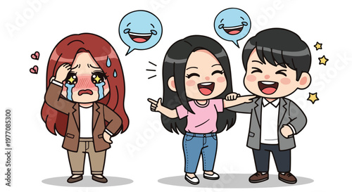 Three cartoon characters expressing emotions with one girl crying and two others laughing and smiling in a humorous