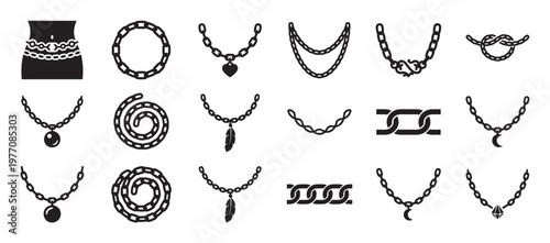 Collection of various black chain icons, including necklaces with pendants, waist chains, and different chain link styles, presented as a graphic design element