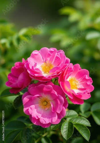 Close up view of a vibrant pink brush rose cluster blooming beautifully against soft green foliage in a springtime garden setting, bush, natural, wild