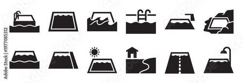 Various black silhouette swimming pool icons illustrating different water activities and poolside features in a simple graphic style