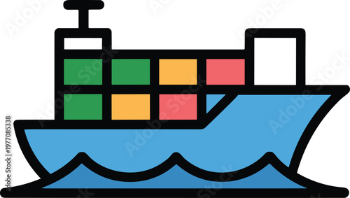 Colorful Cargo Container Ship Sailing on Blue Ocean Waves, Modern Container Vessel Illustration for Logistics and Shipping Industry