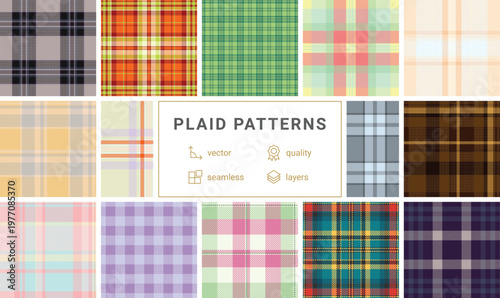 Versatile plaid bundle created for textile designers. The pack includes balanced tartan patterns ready for fabric printing. Vector format supports professional production.