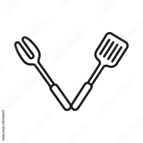 Black and white illustration depicting a spatula and a fork
