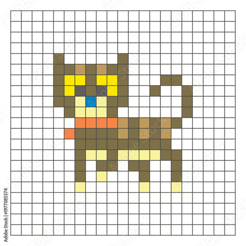 A flat pixel design made of geometric square color blocks on a clean grid layout. Pixel art cat