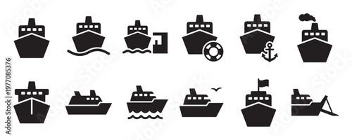 Collection of twelve diverse black ship icons, including cruise ships, cargo vessels, and fishing boats, rendered in a clean, modern vector style