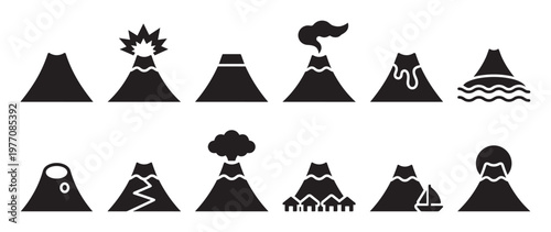 Collection of various simple black volcano icons depicting different states and surrounding elements in a clean, graphic style