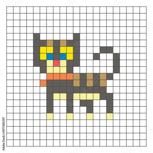 A flat pixel design made of geometric square color blocks on a clean grid layout. Pixel art cat