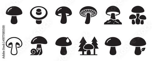 Collection of various stylized mushroom icons in black silhouette, depicting different shapes and forms with clean lines