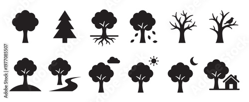 Various black tree icons with different shapes and elements, including roots, falling leaves, a bird, sun, moon, and a house, presented in a simple graphic style