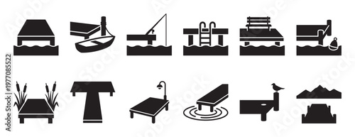 Collection of various black silhouette dock and pier icons, depicting different water activities and structures in a clean, graphic style