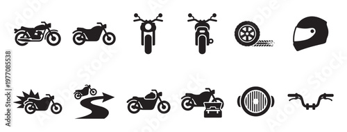 Collection of black motorcycle related icons, including various bike views, a helmet, wheel, and handlebars, presented in a clean graphic style