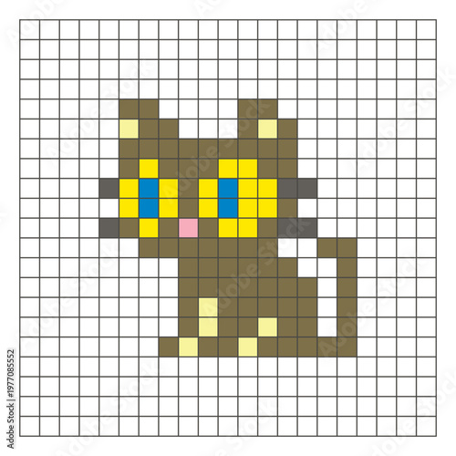 A flat pixel design made of geometric square color blocks on a clean grid layout. Pixel art cat