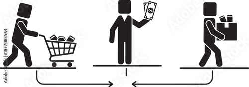 Black silhouette set showing consumer shopping process with trolley paying cash and carrying goods isolated on white background, cad drawing flat vector illustration.