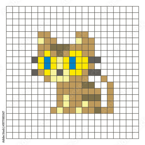 A flat pixel design made of geometric square color blocks on a clean grid layout. Pixel art cat