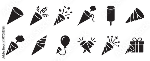 Collection of black silhouette party popper icons, including confetti, streamers, and a balloon, in a clean, modern graphic style