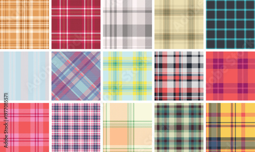 Plaid collection created for seasonal home decor sales. Coordinated tartan visuals reinforce cozy interior mood. Vector scalability supports campaigns.
