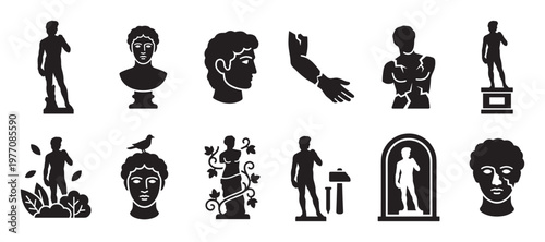 Various black silhouette classical sculptures and busts are arranged in a grid, showcasing ancient art and historical figures