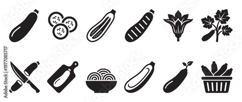 Various black silhouette zucchini and cucumber icons illustrate different forms, preparations, and growth stages of the vegetable