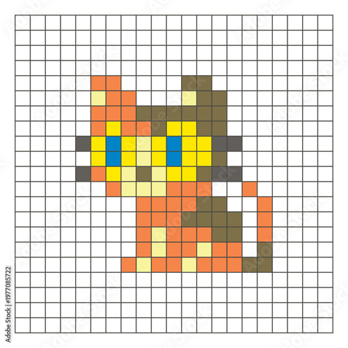 A flat pixel design made of geometric square color blocks on a clean grid layout. Pixel art cat