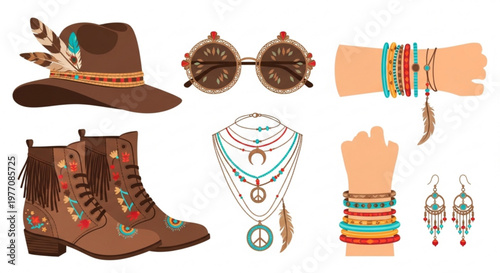 Bohemian style accessories collection including a feathered hat fringed boots sunglasses necklaces bracelets and earrings flat vector illustration for fashion and lifestyle concepts