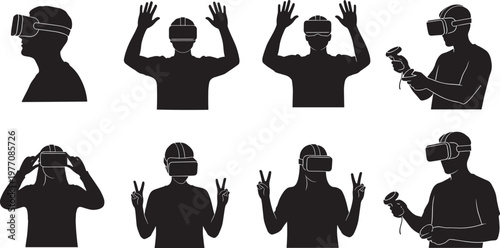 Black silhouette set of people wearing virtual reality headsets and using VR controllers isolated on white background, immersive gaming and futuristic technology flat vector illustration.