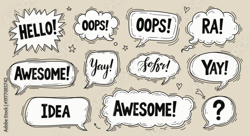 Hand-drawn speech bubbles with various exclamations and words like Hello, Oops, Yay, Idea