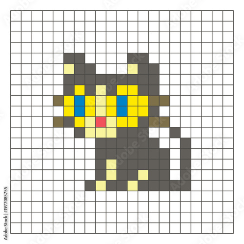 A flat pixel design made of geometric square color blocks on a clean grid layout. Pixel art cat